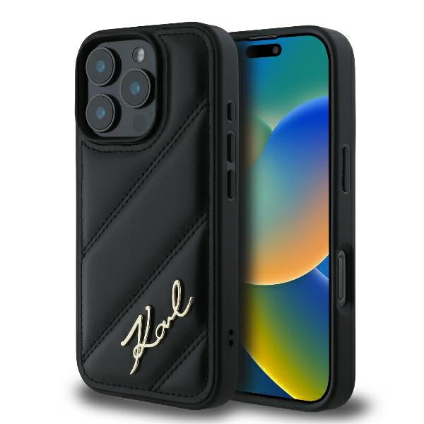Pouzdro pro Apple iPhone 16 Pro, Karl Lagerfeld, Diagonal Quilted Script, Černá
