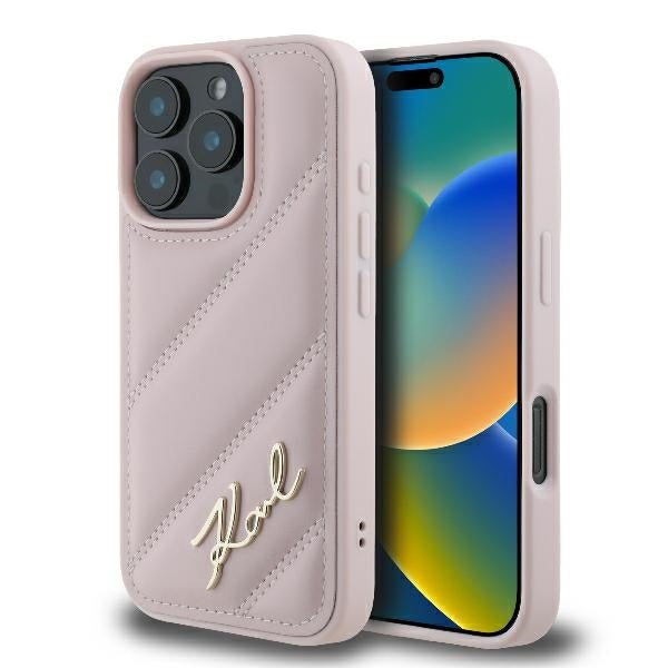 Pouzdro pro Apple iPhone 16 Pro, Karl Lagerfeld, Diagonal Quilted Script, Růžové