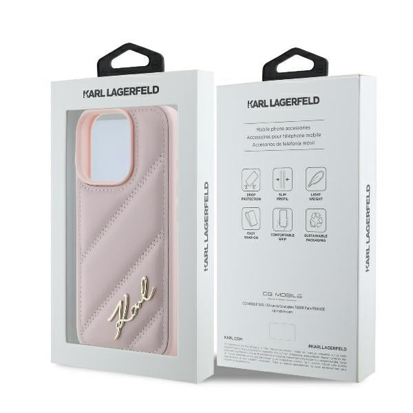 Pouzdro pro Apple iPhone 16 Pro, Karl Lagerfeld, Diagonal Quilted Script, Růžové