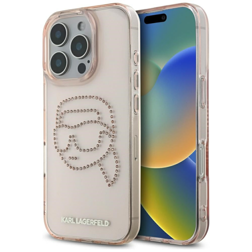 Pouzdro pro Apple iPhone 16 Pro, Karl Lagerfeld, IML Rhinestones Karl's Head, Růžové