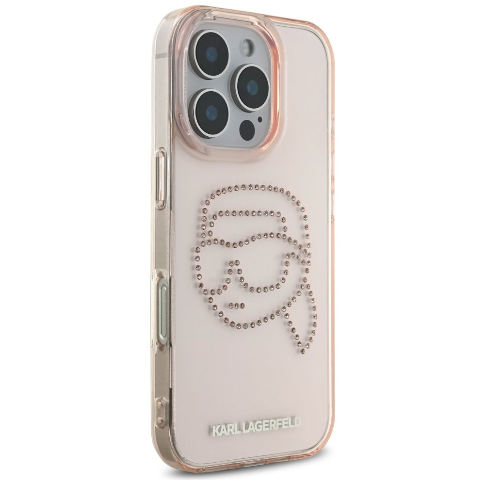 Pouzdro pro Apple iPhone 16 Pro, Karl Lagerfeld, IML Rhinestones Karl's Head, Růžové