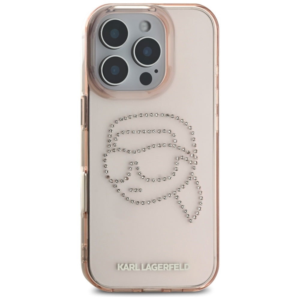 Pouzdro pro Apple iPhone 16 Pro, Karl Lagerfeld, IML Rhinestones Karl's Head, Růžové