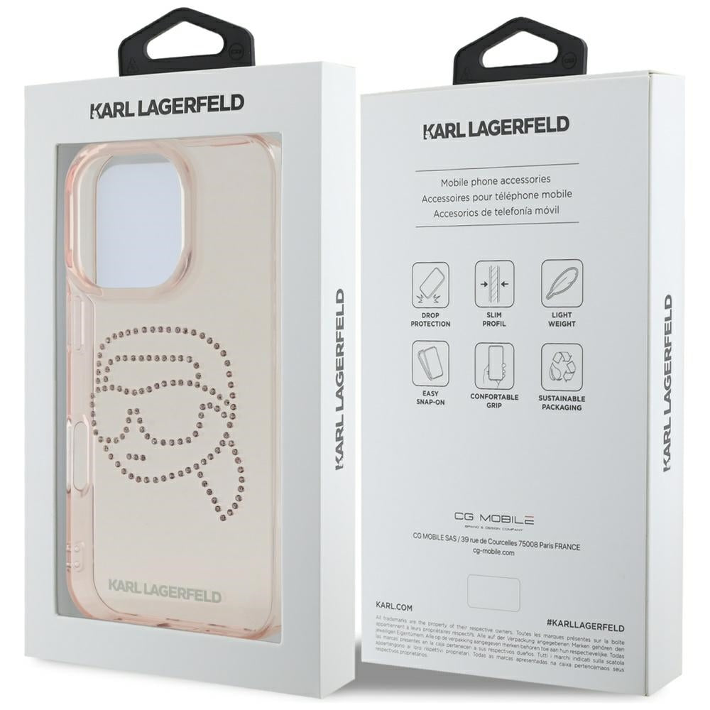 Pouzdro pro Apple iPhone 16 Pro, Karl Lagerfeld, IML Rhinestones Karl's Head, Růžové