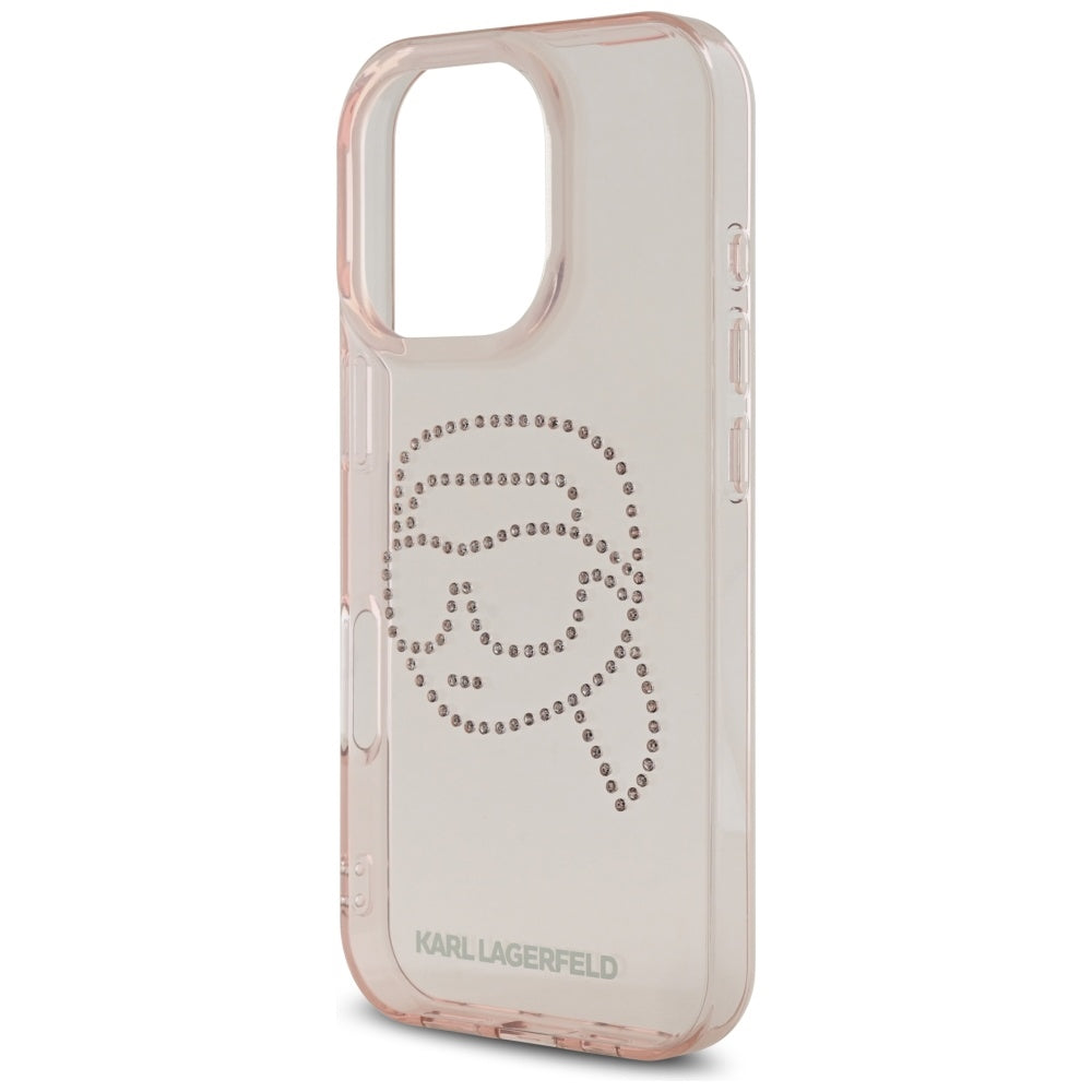Pouzdro pro Apple iPhone 16 Pro, Karl Lagerfeld, IML Rhinestones Karl's Head, Růžové