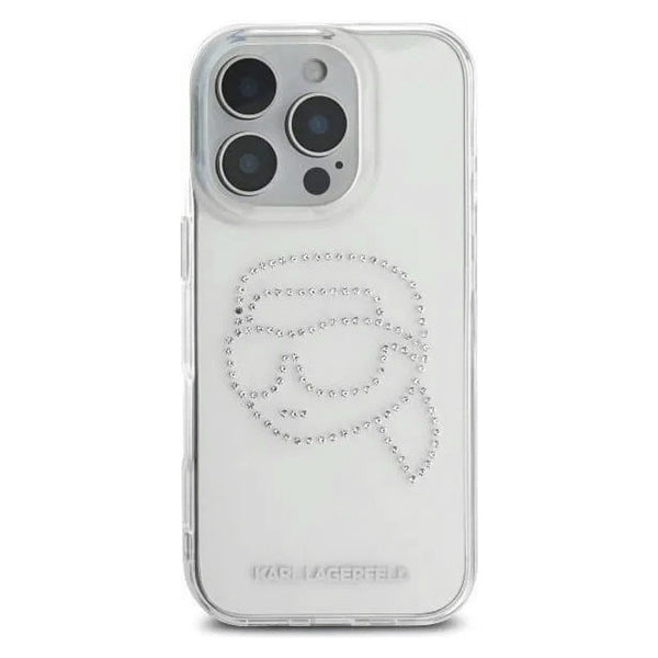 Pouzdro pro Apple iPhone 16 Pro, Karl Lagerfeld, IML Rhinestones Karl's Head, Průhledné