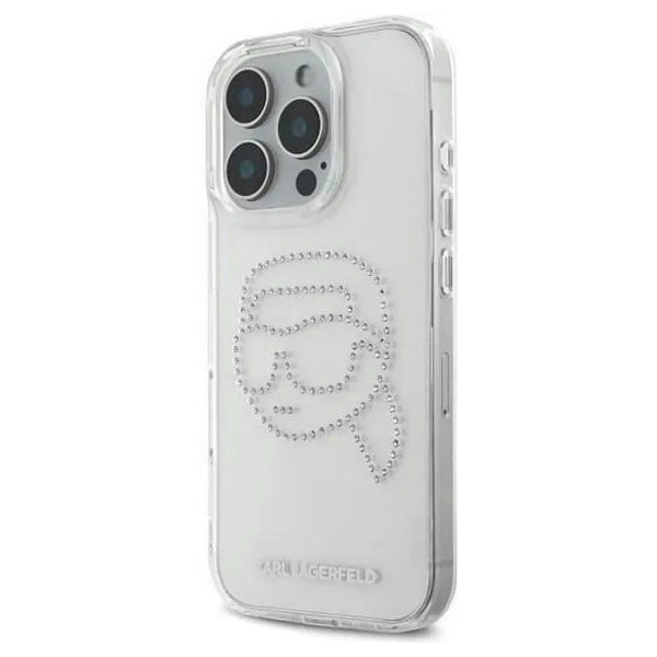 Pouzdro pro Apple iPhone 16 Pro, Karl Lagerfeld, IML Rhinestones Karl's Head, Průhledné