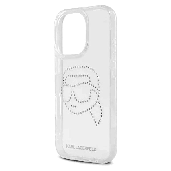 Pouzdro pro Apple iPhone 16 Pro, Karl Lagerfeld, IML Rhinestones Karl's Head, Průhledné