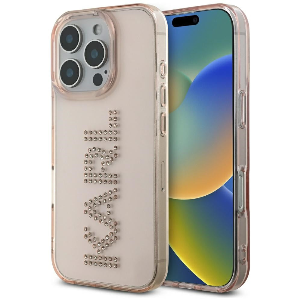 Pouzdro pro Apple iPhone 16 Pro, Karl Lagerfeld, IML Rhinestones Pink Logo, Růžové