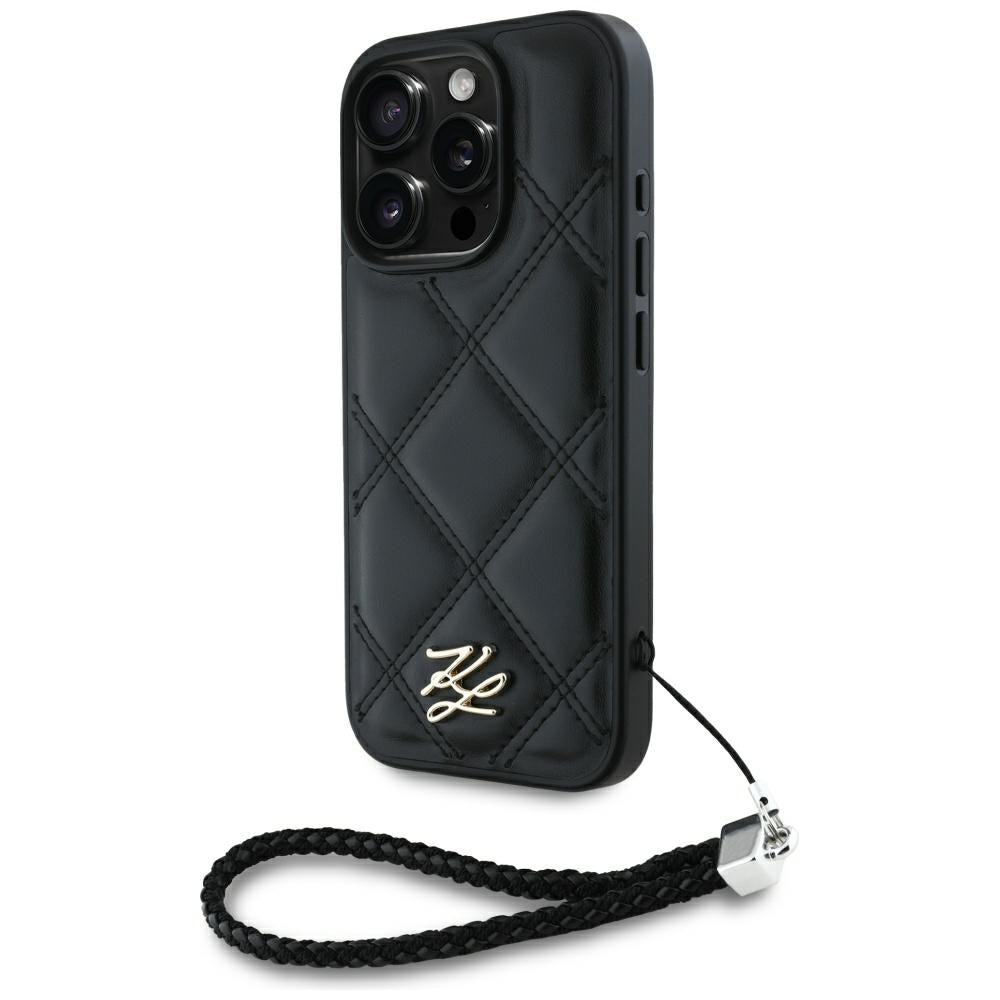 Pouzdro pro Apple iPhone 16 Pro, Karl Lagerfeld, Quilted Initial Logo & Chain Strap, Černá