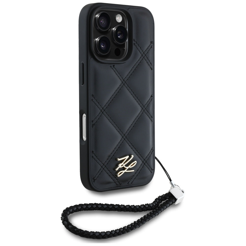 Pouzdro pro Apple iPhone 16 Pro, Karl Lagerfeld, Quilted Initial Logo & Chain Strap, Černá