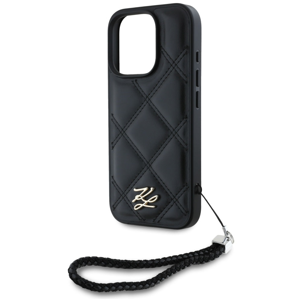 Pouzdro pro Apple iPhone 16 Pro, Karl Lagerfeld, Quilted Initial Logo & Chain Strap, Černá