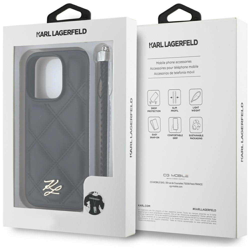 Pouzdro pro Apple iPhone 16 Pro, Karl Lagerfeld, Quilted Initial Logo & Chain Strap, Černá