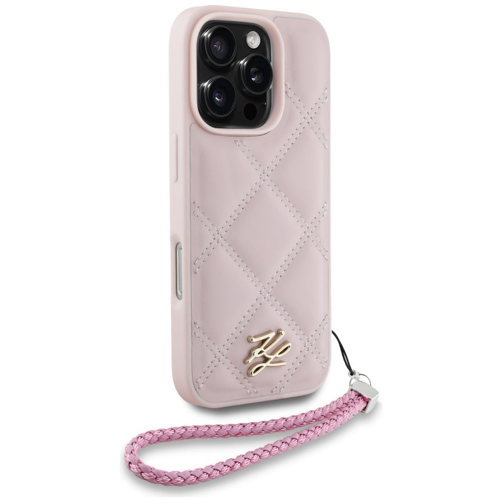 Pouzdro pro Apple iPhone 16 Pro, Karl Lagerfeld, Quilted Initial Logo & Chain Strap, Růžové