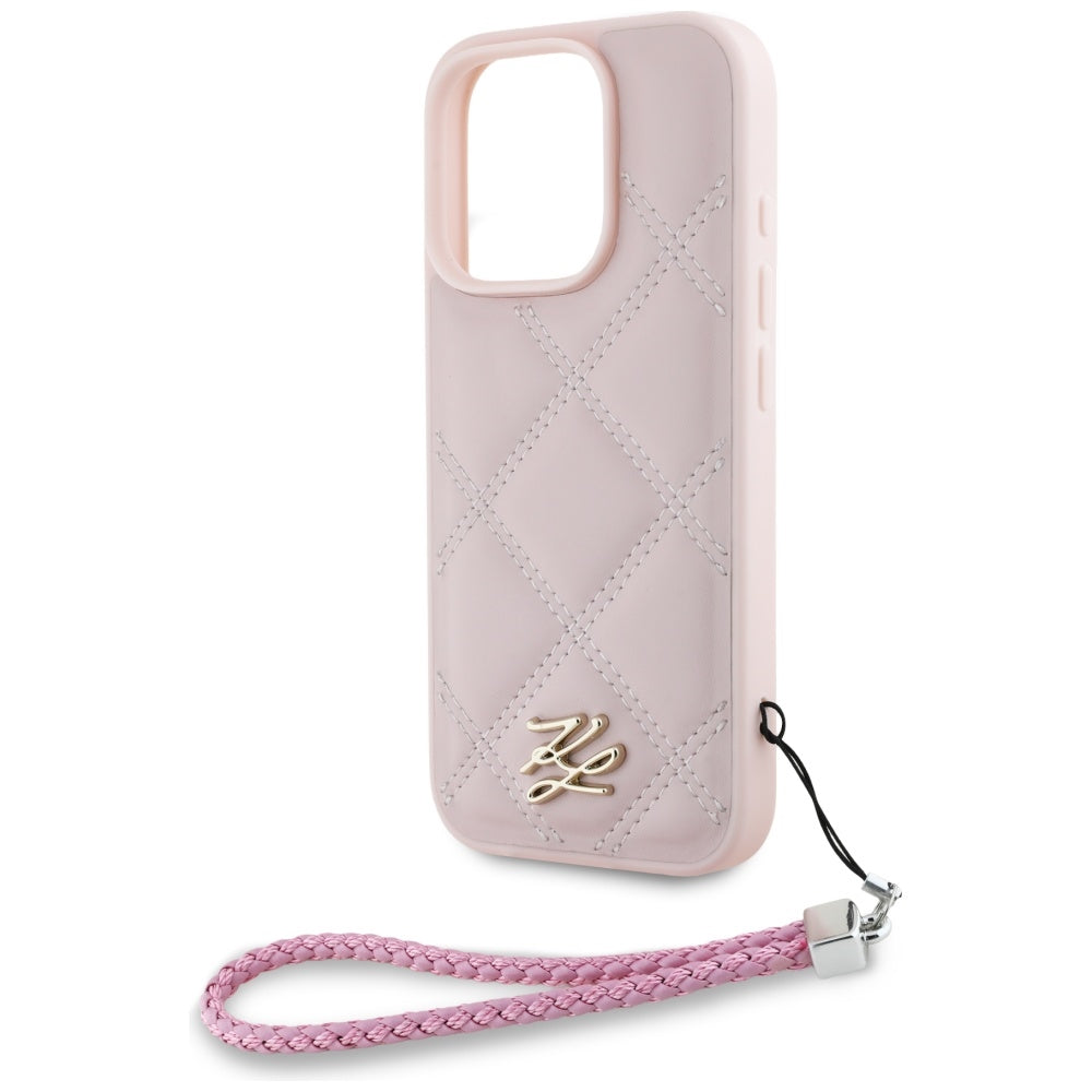 Pouzdro pro Apple iPhone 16 Pro, Karl Lagerfeld, Quilted Initial Logo & Chain Strap, Růžové