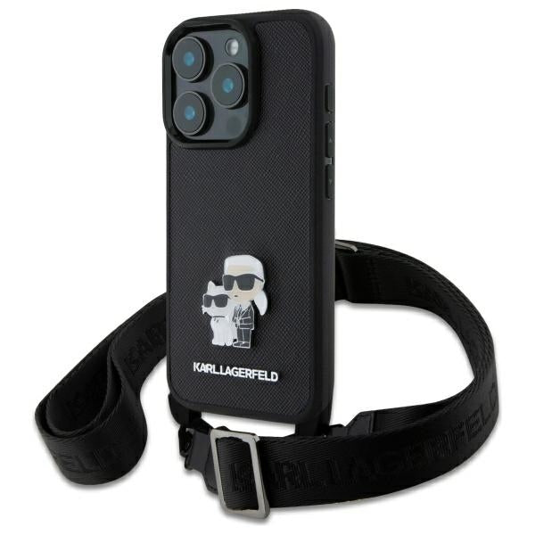 Pouzdro pro Apple iPhone 16 Pro, Karl Lagerfeld, Saffiano Crossbody Metal Pin Karl & Choupette, Černá.