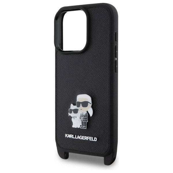Pouzdro pro Apple iPhone 16 Pro, Karl Lagerfeld, Saffiano Crossbody Metal Pin Karl & Choupette, Černá.