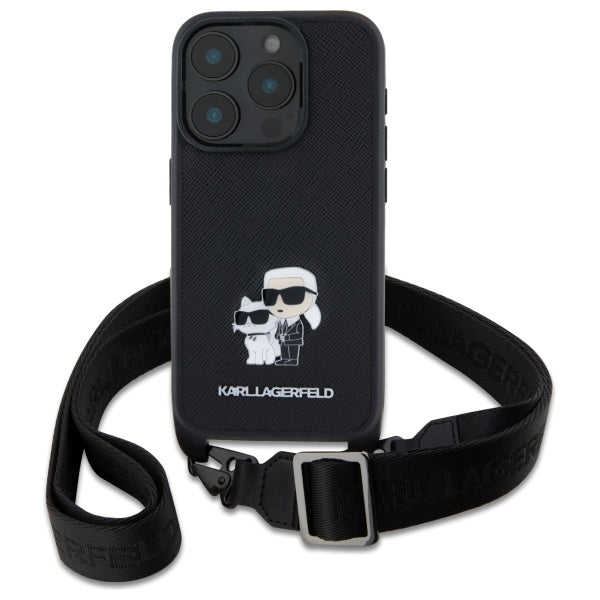 Pouzdro pro Apple iPhone 16 Pro, Karl Lagerfeld, Saffiano Crossbody Metal Pin Karl & Choupette, Černá.