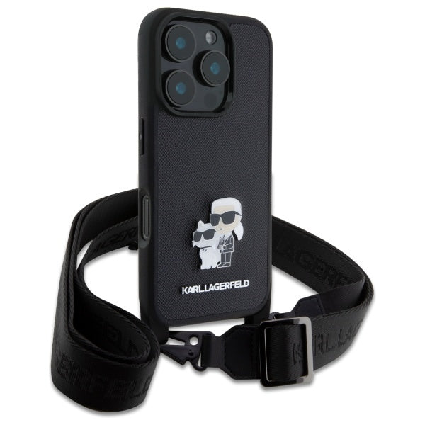 Pouzdro pro Apple iPhone 16 Pro, Karl Lagerfeld, Saffiano Crossbody Metal Pin Karl & Choupette, Černá.