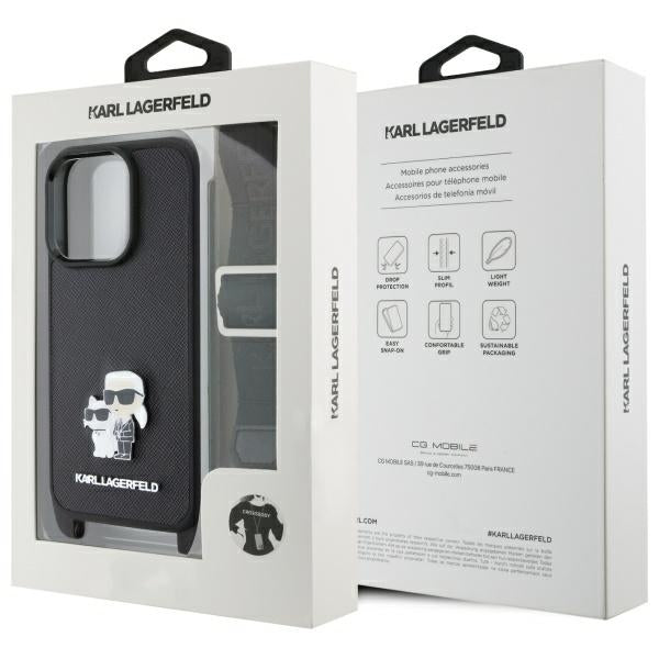 Pouzdro pro Apple iPhone 16 Pro, Karl Lagerfeld, Saffiano Crossbody Metal Pin Karl & Choupette, Černá.