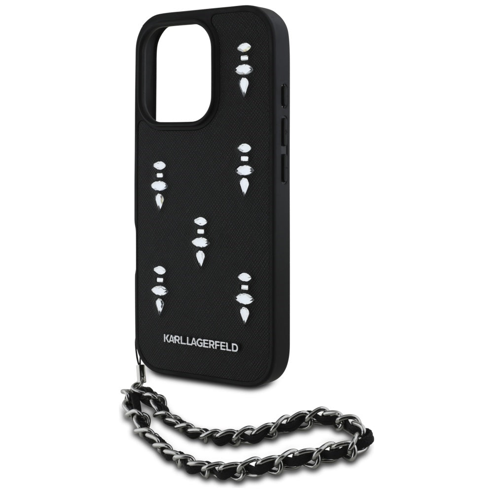 Pouzdro pro Apple iPhone 16 Pro, Karl Lagerfeld, Saffiano Crystals & Charm, Černá