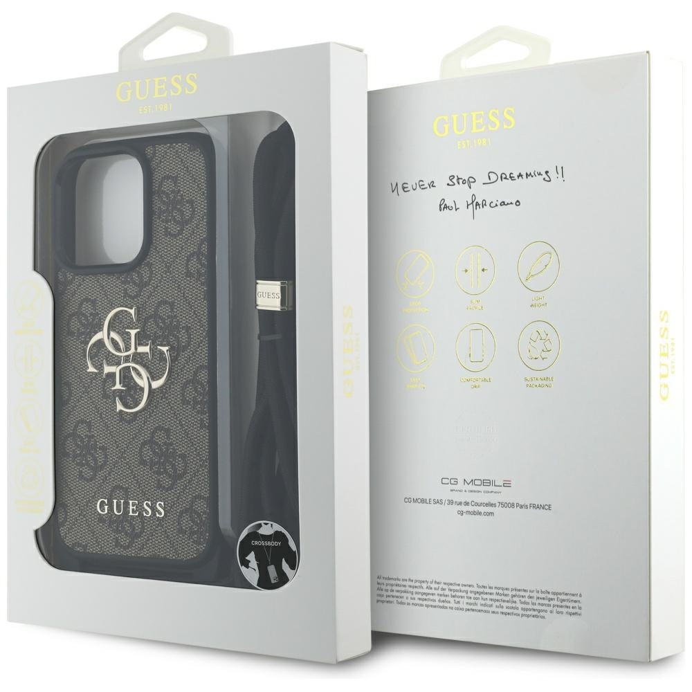 Pouzdro pro Apple iPhone 16 Pro Max, Guess, 4G CBDY Big Logo with Cord Strap, hnědá
