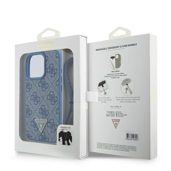 Pouzdro pro Apple iPhone 16 Pro Max, Guess, Crossbody 4G Triangle Strass, Modrá