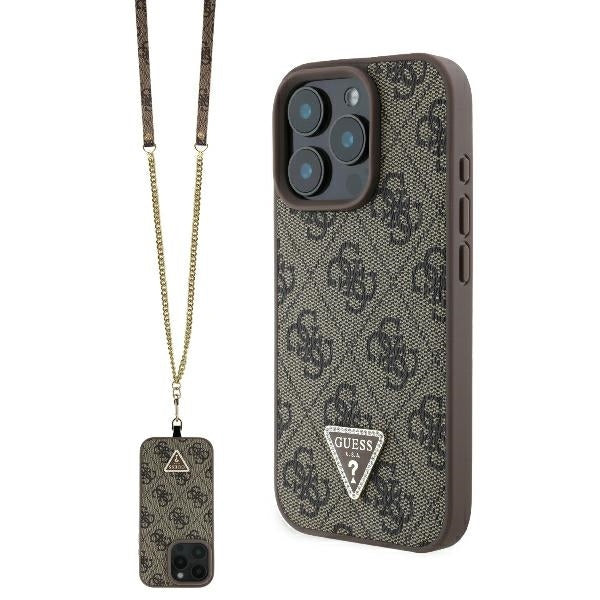 Pouzdro pro Apple iPhone 16 Pro Max, Guess, Crossbody 4G Triangle Strass, Hnědá