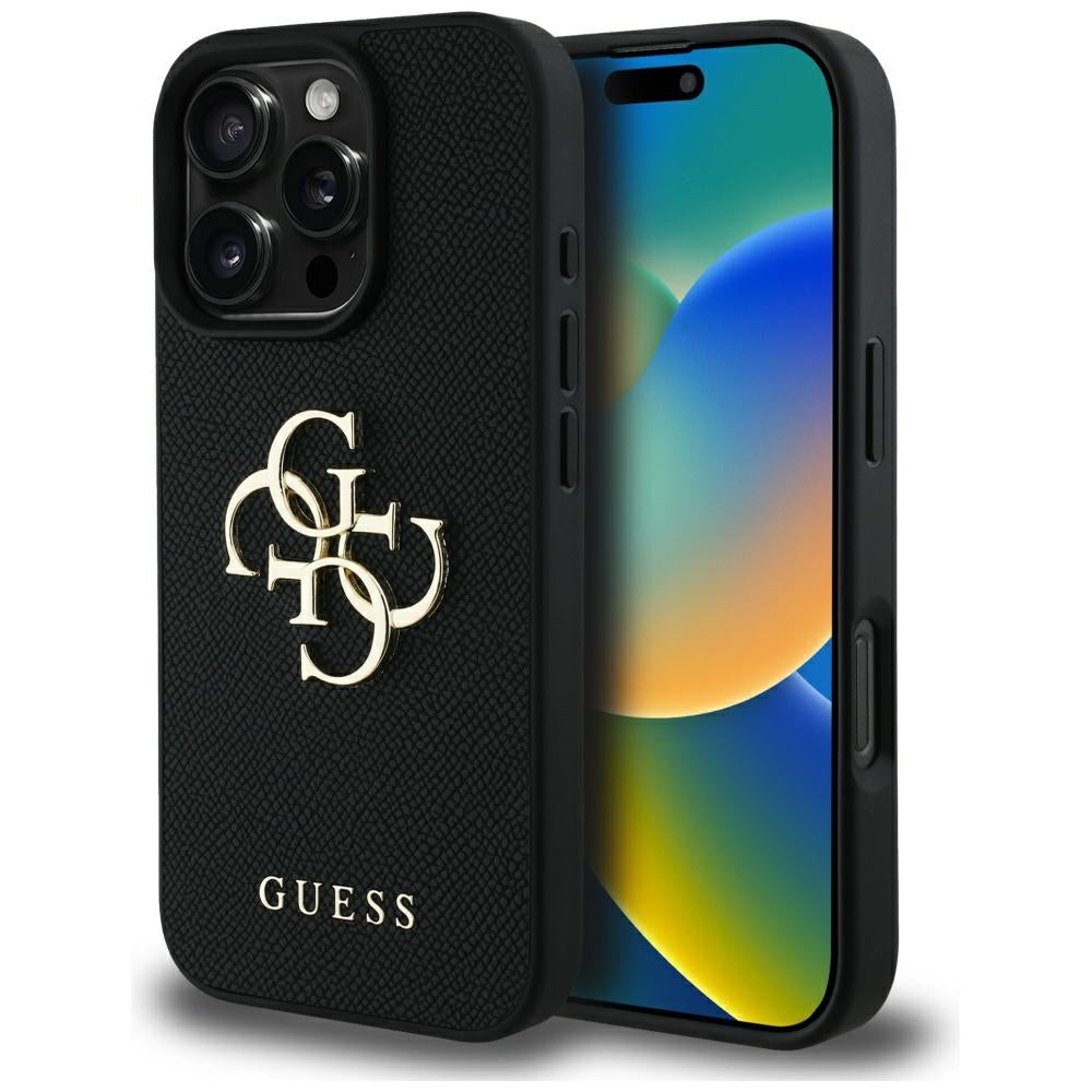 Pouzdro pro Apple iPhone 16 Pro Max, Guess, Grained Big 4G Logo Small Classic Logo, Černá