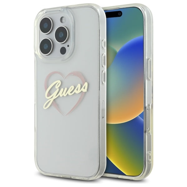 Pouzdro pro Apple iPhone 16 Pro Max, Guess, IML Heart, Transparentní