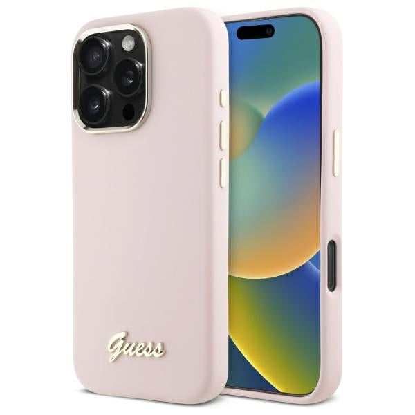 Pouzdro pro Apple iPhone 16 Pro Max, Guess, Script Metal Logo & Frame, Světle růžová