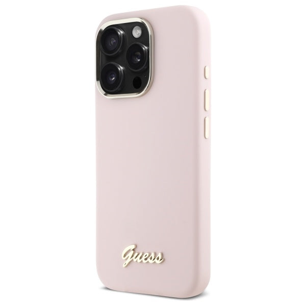 Pouzdro pro Apple iPhone 16 Pro Max, Guess, Script Metal Logo & Frame, Světle růžová