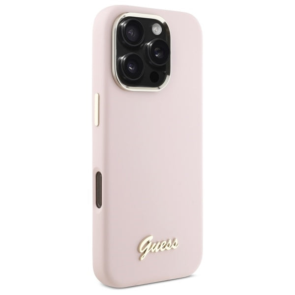 Pouzdro pro Apple iPhone 16 Pro Max, Guess, Script Metal Logo & Frame, Světle růžová