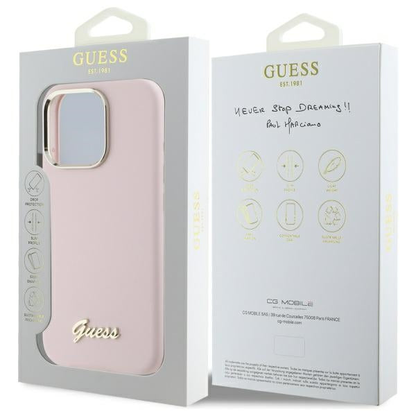 Pouzdro pro Apple iPhone 16 Pro Max, Guess, Script Metal Logo & Frame, Světle růžová