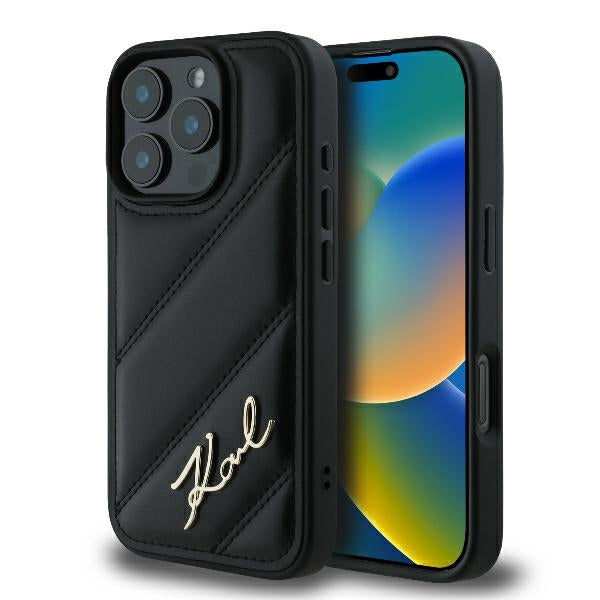 Pouzdro pro Apple iPhone 16 Pro Max, Karl Lagerfeld, Diagonal Quilted Script, Černá