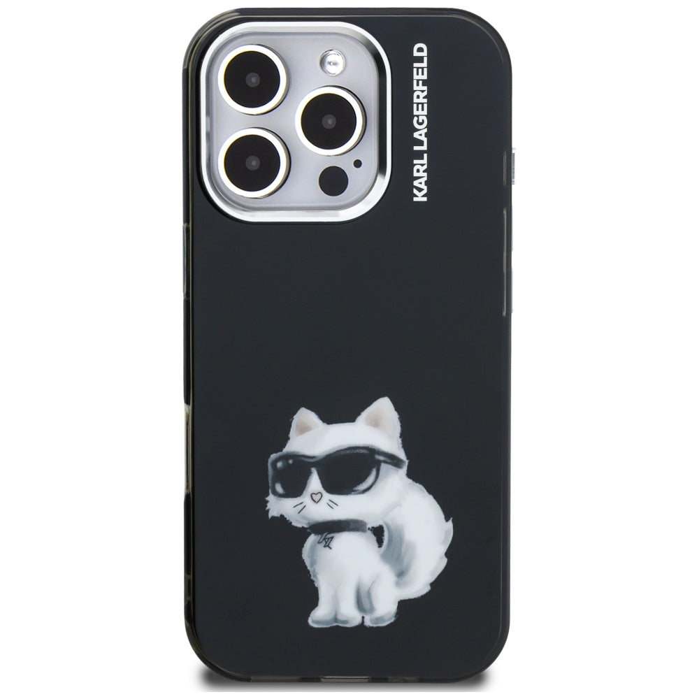 Pouzdro pro Apple iPhone 16 Pro Max, Karl Lagerfeld, IML Aquarelle Logo Choupette, Černá