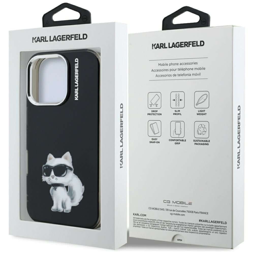 Pouzdro pro Apple iPhone 16 Pro Max, Karl Lagerfeld, IML Aquarelle Logo Choupette, Černá