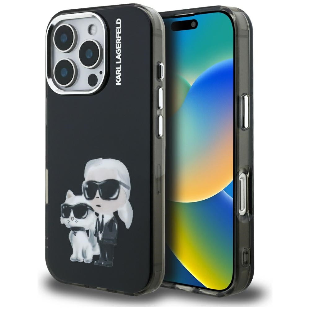 Pouzdro pro Apple iPhone 16 Pro Max, Karl Lagerfeld, IML Aquarelle Logo Karl & Choupette, Černá
