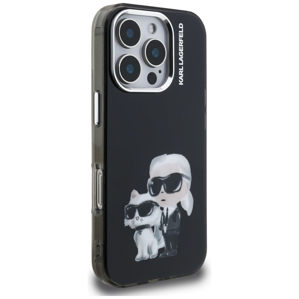 Pouzdro pro Apple iPhone 16 Pro Max, Karl Lagerfeld, IML Aquarelle Logo Karl & Choupette, Černá