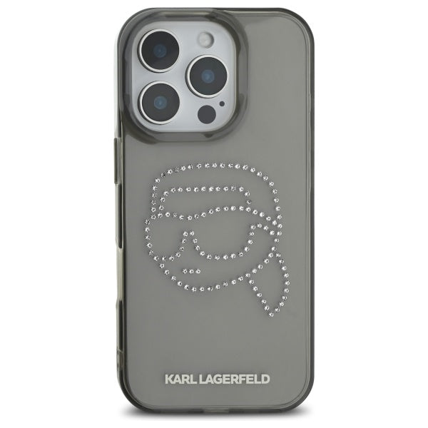 Pouzdro pro Apple iPhone 16 Pro Max, Karl Lagerfeld, IML Rhinestones Karl's Head, Černá