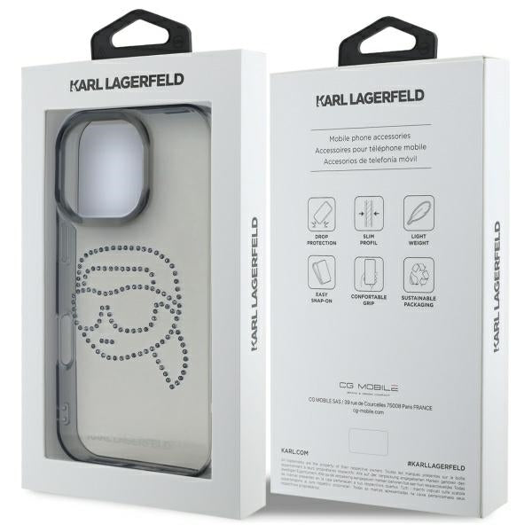 Pouzdro pro Apple iPhone 16 Pro Max, Karl Lagerfeld, IML Rhinestones Karl's Head, Černá