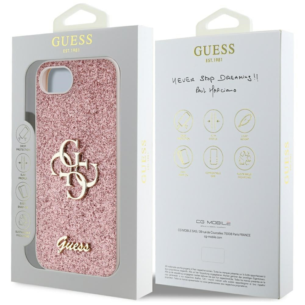 Pouzdro pro Apple iPhone 17e / 16e, Guess, Fixed Glitter Big 4G, Růžové