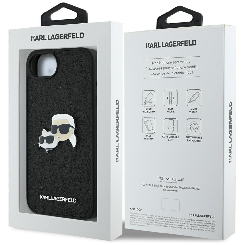 Pouzdro pro Apple iPhone 17e / 16e, Karl Lagerfeld, Glitter Fixed Karl & Choupette's Heads, Černá