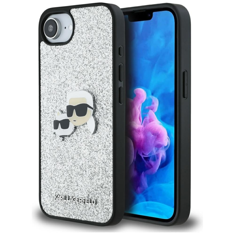 Pouzdro pro Apple iPhone 17e / 16e, Karl Lagerfeld, Glitter Fixed Karl & Choupette's Heads, Stříbrné