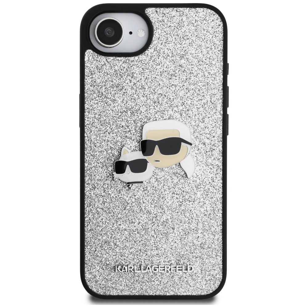 Pouzdro pro Apple iPhone 17e / 16e, Karl Lagerfeld, Glitter Fixed Karl & Choupette's Heads, Stříbrné