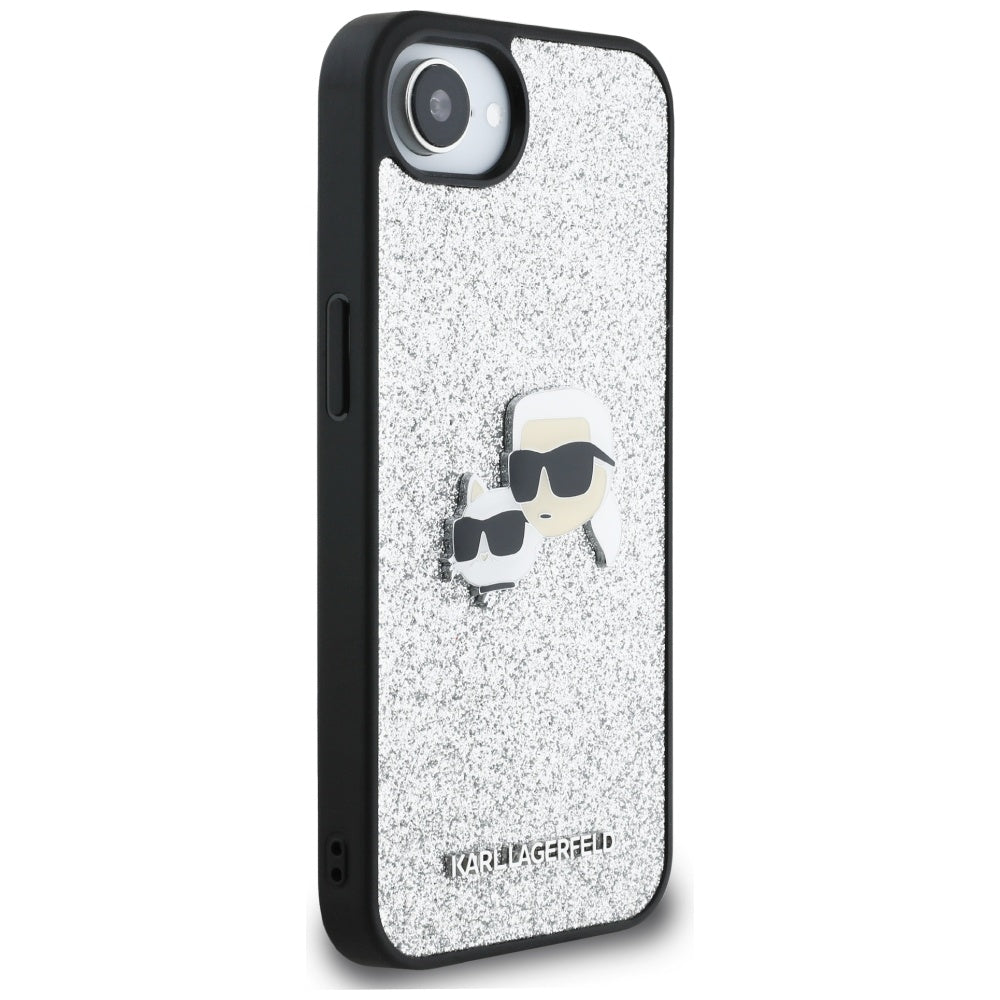 Pouzdro pro Apple iPhone 17e / 16e, Karl Lagerfeld, Glitter Fixed Karl & Choupette's Heads, Stříbrné