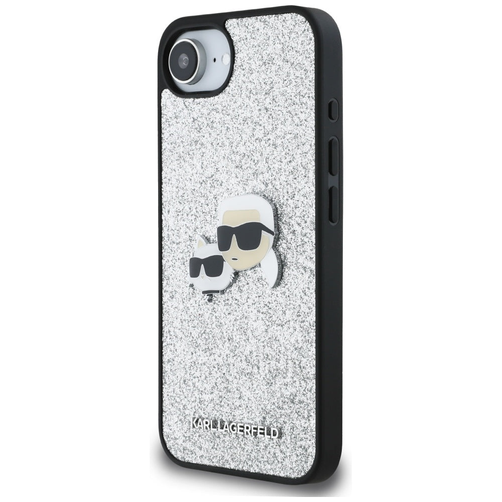 Pouzdro pro Apple iPhone 17e / 16e, Karl Lagerfeld, Glitter Fixed Karl & Choupette's Heads, Stříbrné