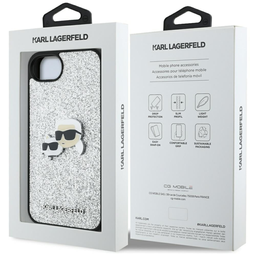 Pouzdro pro Apple iPhone 17e / 16e, Karl Lagerfeld, Glitter Fixed Karl & Choupette's Heads, Stříbrné