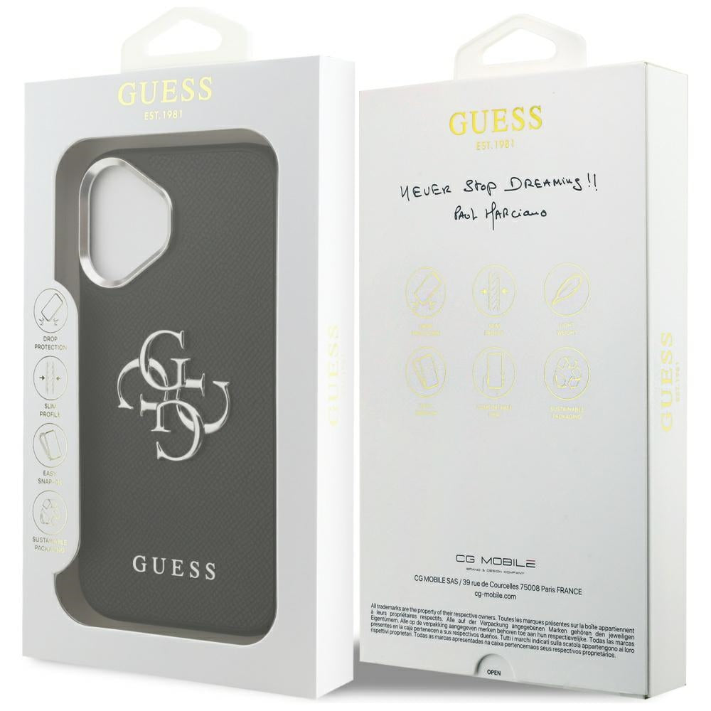 Pouzdro pro Apple iPhone 17, Guess, 4G Grained Big and Classic Logo, Černé Stříbrné