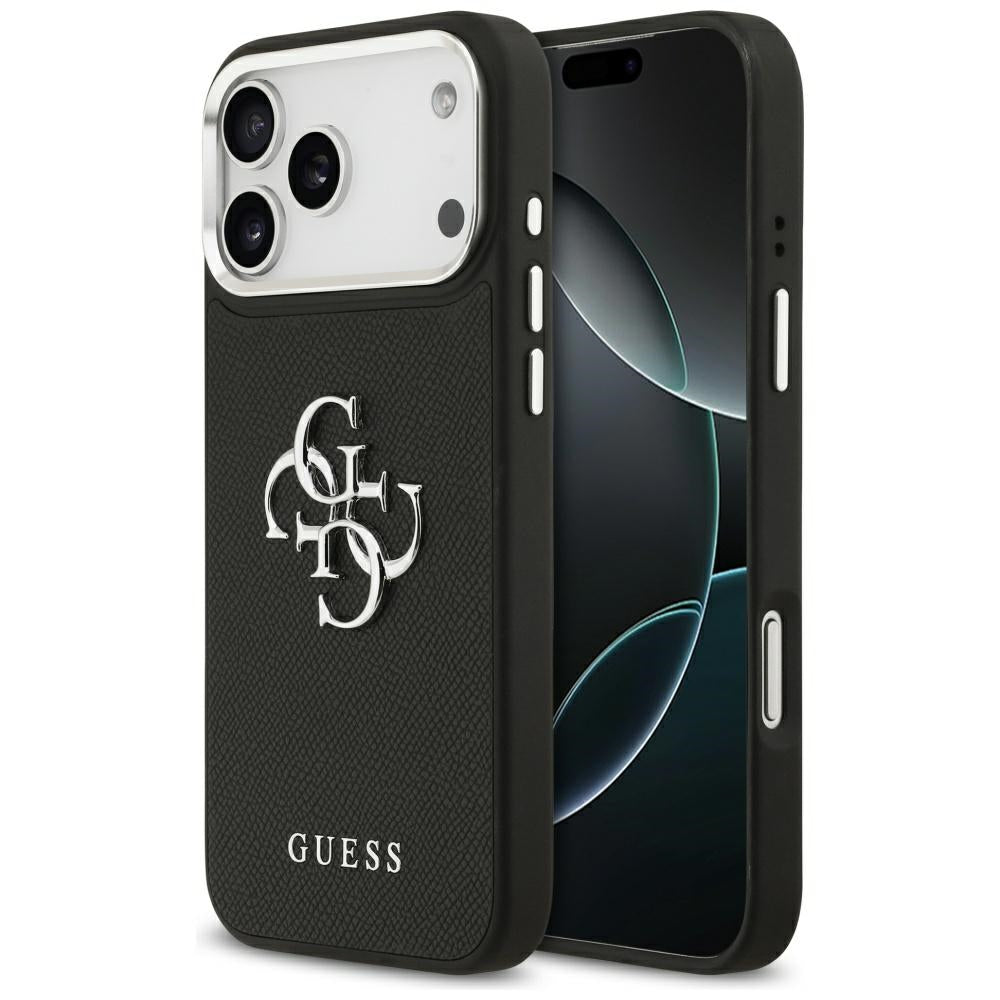 Pouzdro pro Apple iPhone 17 Pro, Guess, 4G Grained Big and Classic Logo, Černé Stříbrné