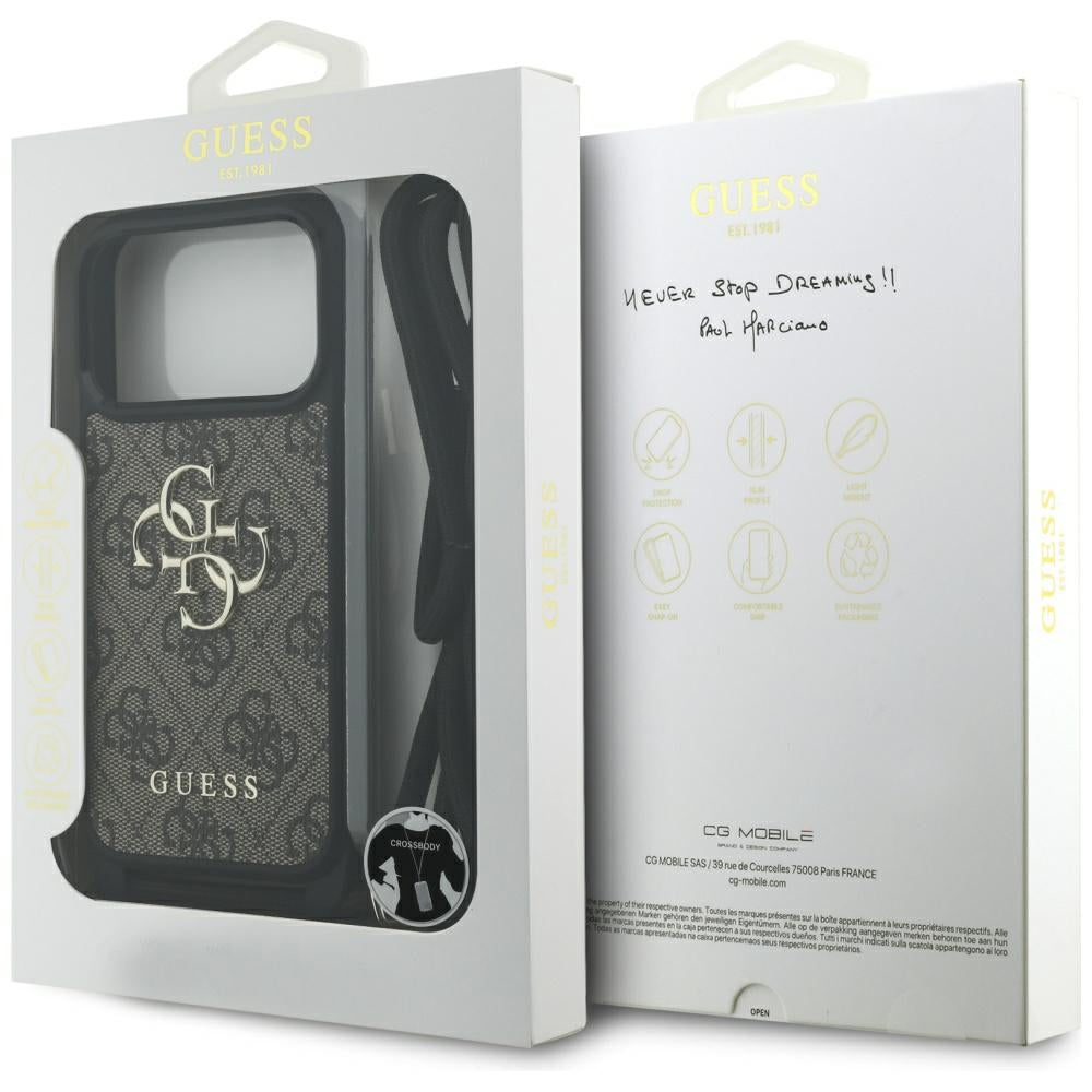 Pouzdro pro Apple iPhone 17 Pro, Guess, Crossbody Cord 4G Big Log, hnědá